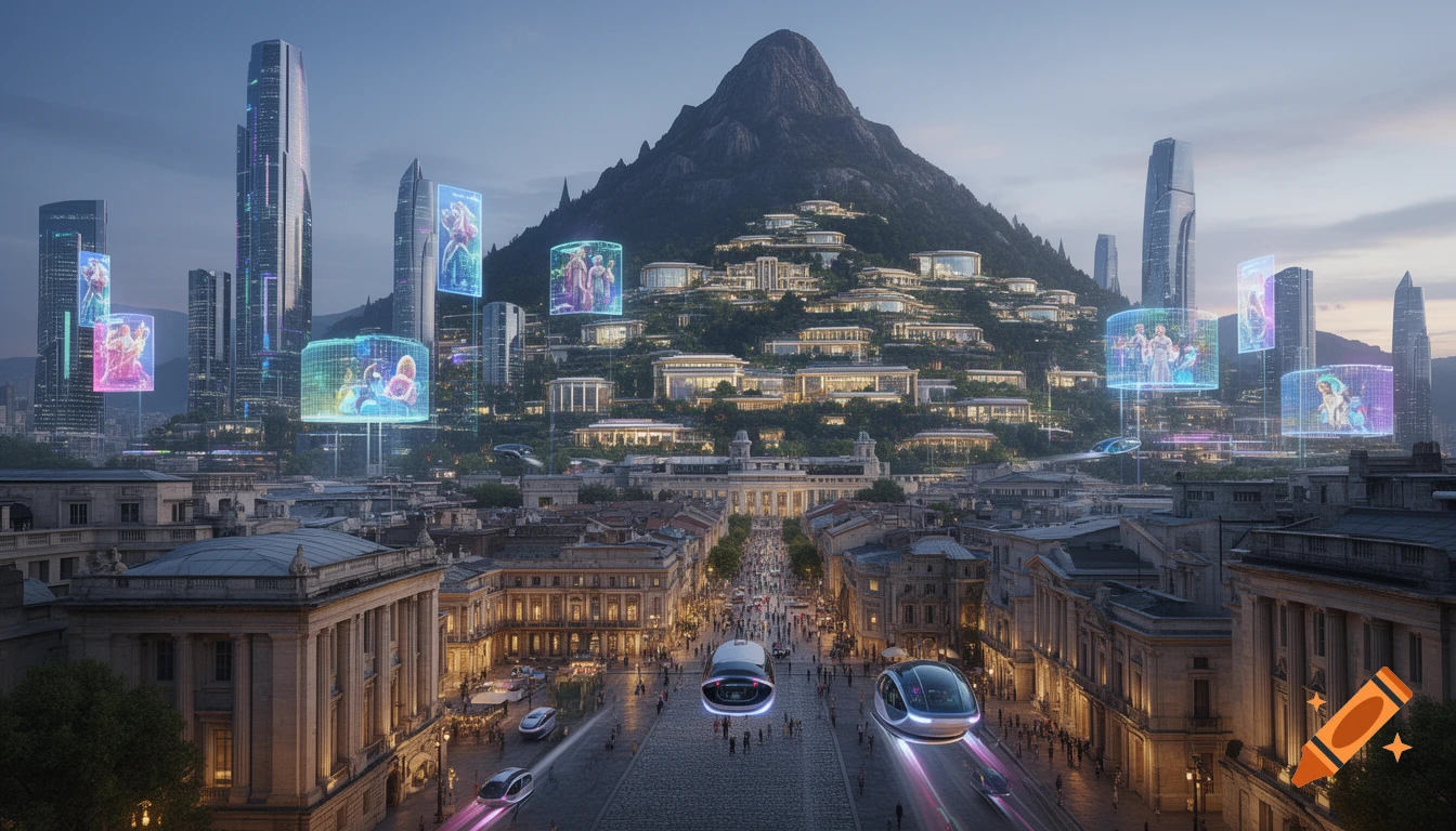 Photorealistic futuristic city at a mountain's base, blending historic buildings, skyscrapers, flying vehicles, and holograms.