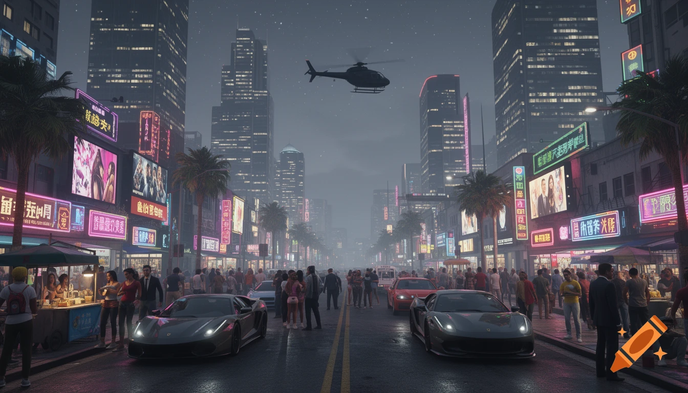 A bustling neon-lit city street at night, with two sports cars, a crowd of people, towering skyscrapers, and a helicopter flying overhead. Photorealistic.