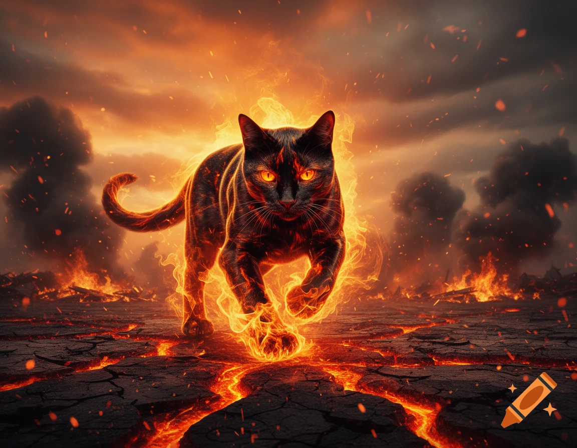 A black cat with glowing orange eyes and fiery fur walks on cracked, lava-filled ground amidst flames and smoke under a fiery sky.