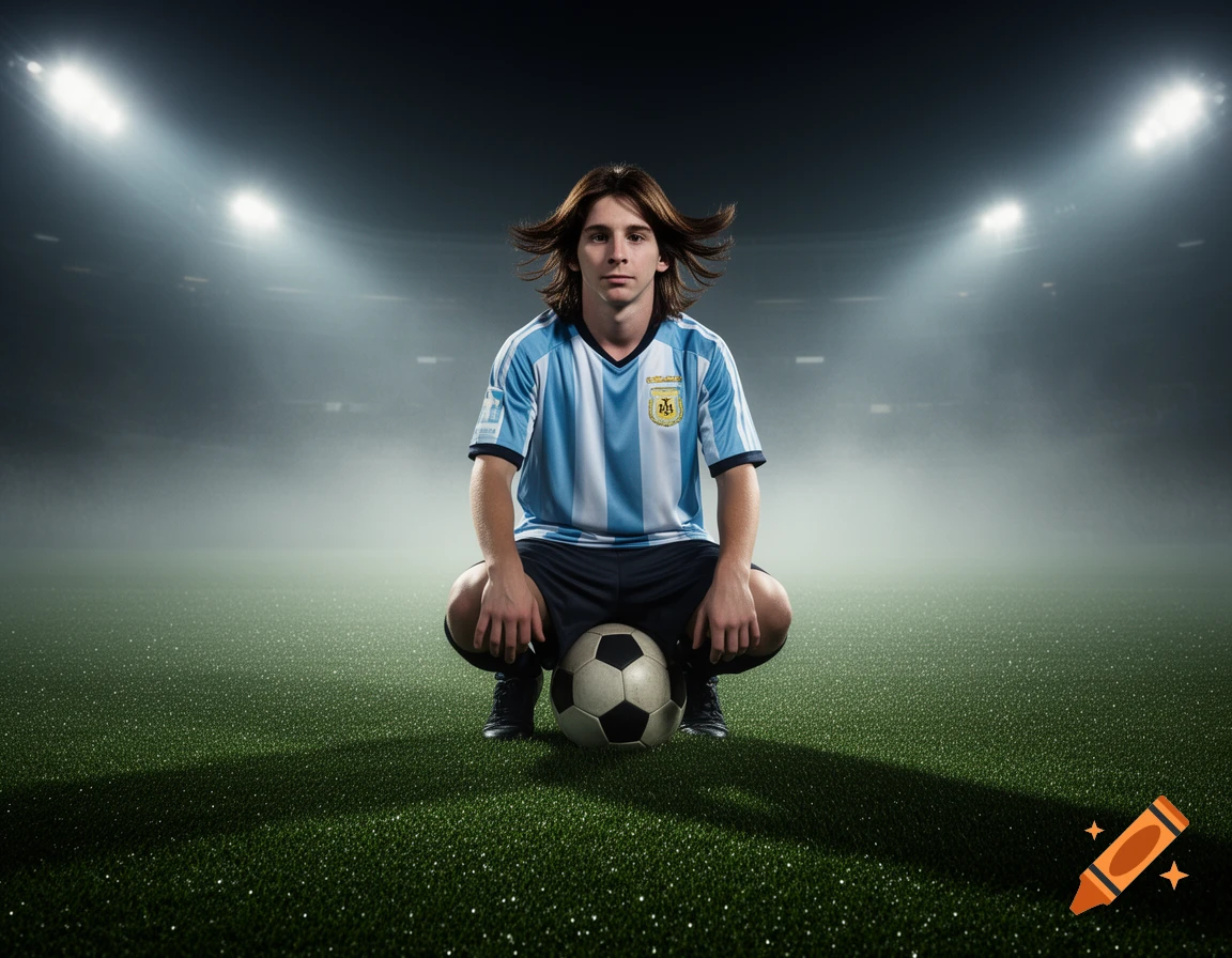A young male soccer player resembling Lionel Messi squats on a foggy grass pitch with a soccer ball, under cinematic stadium lights at night.