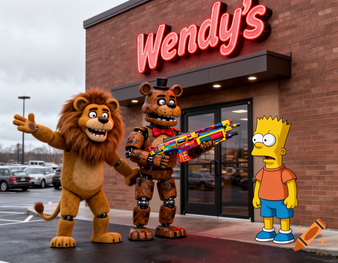 Alex the Lion and Freddy Fazbear outside Wendy's, with Freddy pointing a colorful toy gun at Bart Simpson.