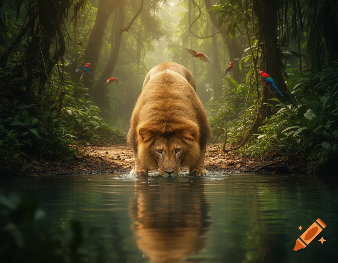A majestic lion drinks from a clear river in a lush, misty jungle with colorful parrots flying overhead, photorealistic style.