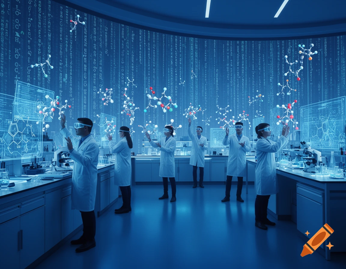 Scientists in white lab coats and VR goggles interact with floating molecular models and holographic displays in a blue-lit futuristic computational chemistry lab.
