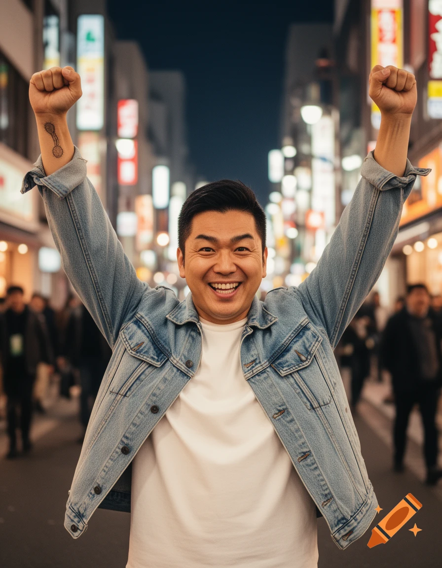 A smiling man in a denim jacket celebrates with arms raised in a vibrant city street at night.