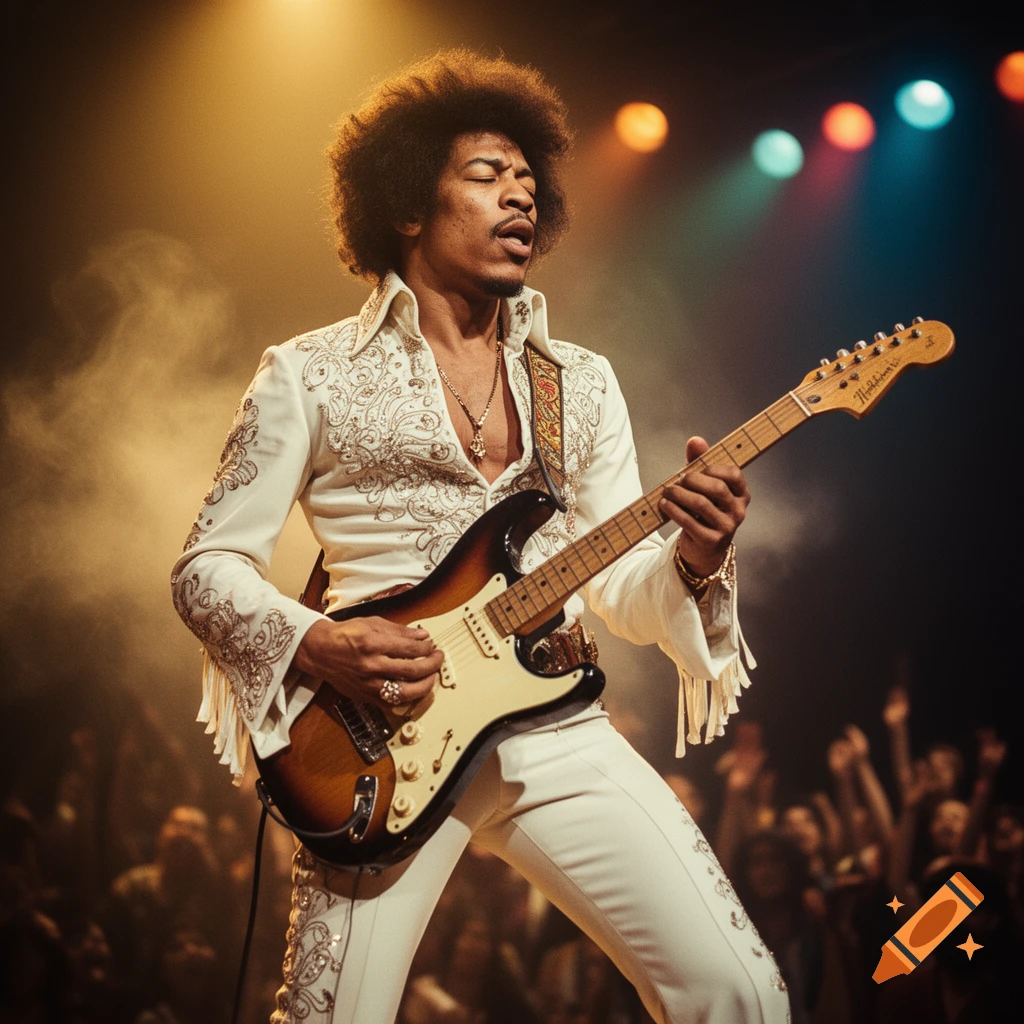 Jimi Hendrix passionately playing an electric guitar on a brightly lit concert stage, wearing a white embroidered suit.