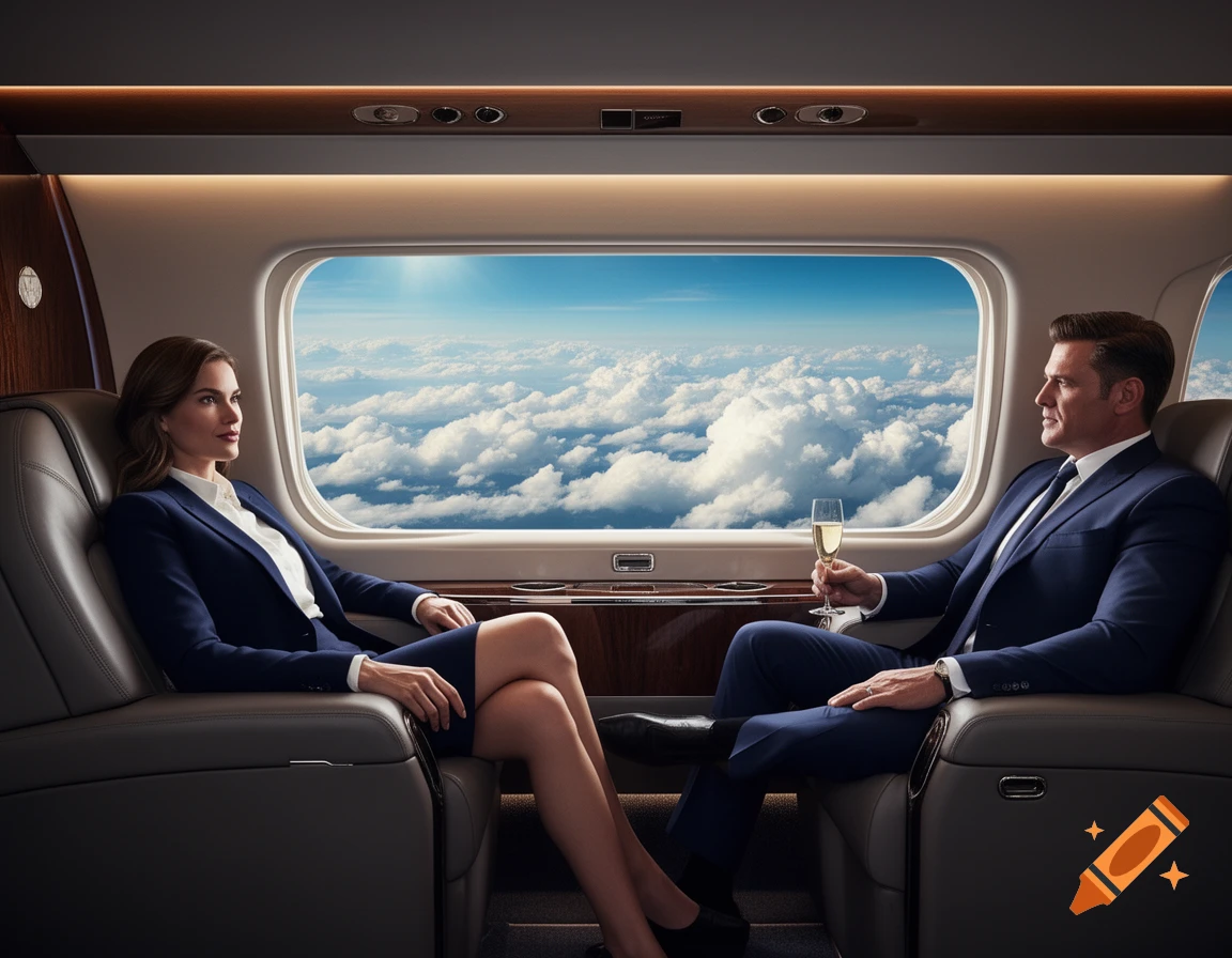 A man and a woman in business suits relax in a luxurious private jet, gazing at the clouds from the window. The man holds champagne.