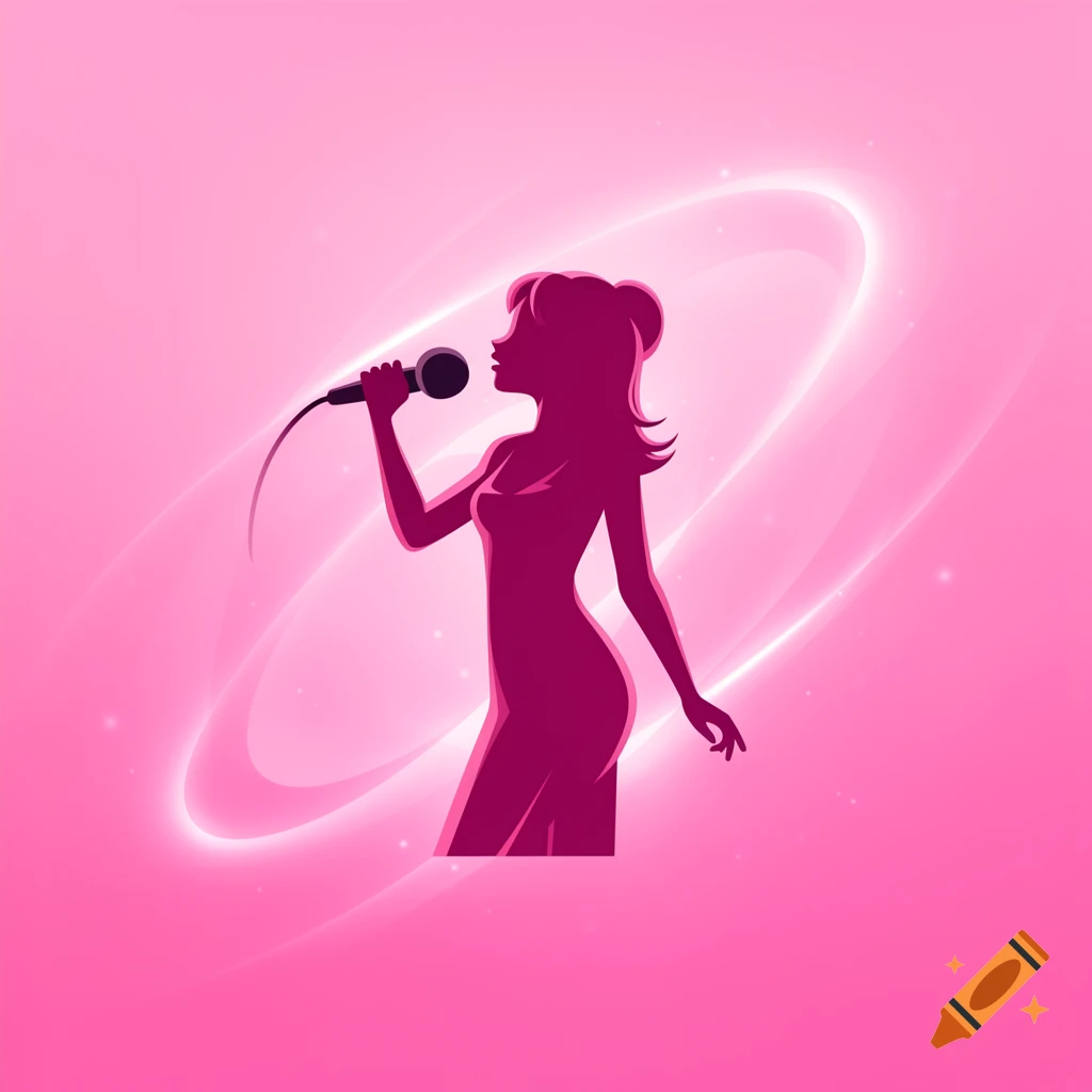 A pink silhouette of a woman singing into a microphone, set against a glowing pink background with swirling light effects and sparkles.
