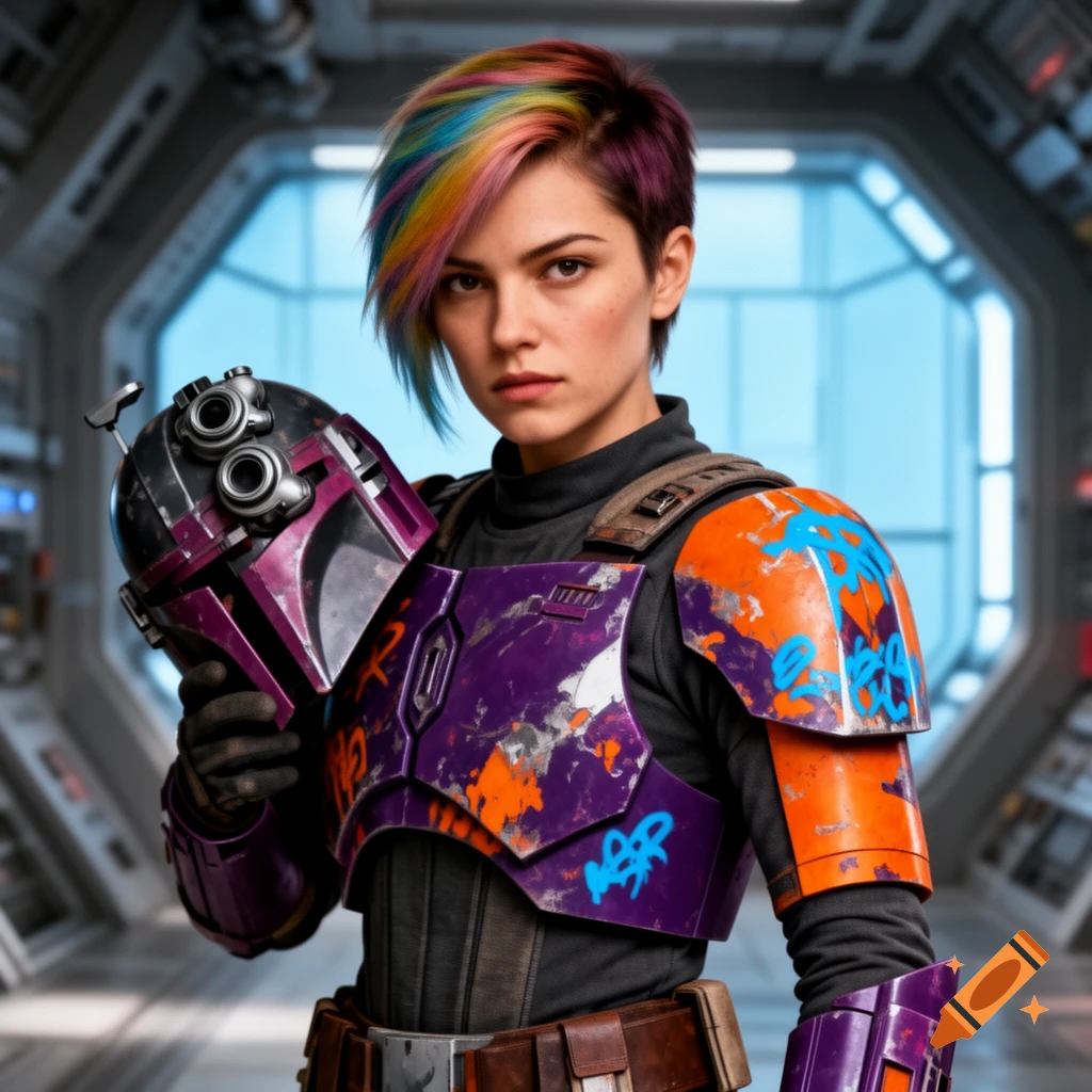 A woman with rainbow-colored hair wears purple and orange Mandalorian-style armor with graffiti markings, holding a matching helmet in a spaceship corridor.