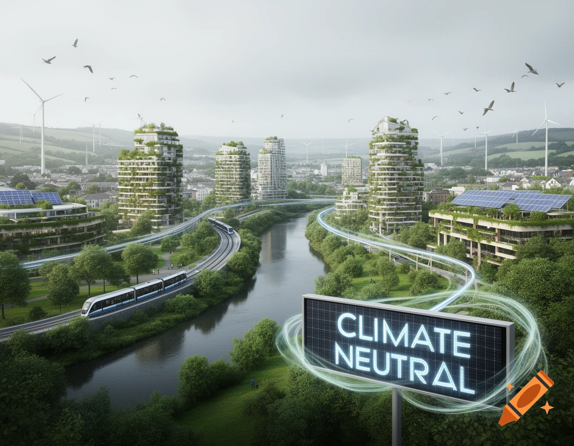 Photorealistic rendering of a futuristic climate-neutral city with green buildings, a river, a train, wind turbines, and a 'CLIMATE NEUTRAL' sign.