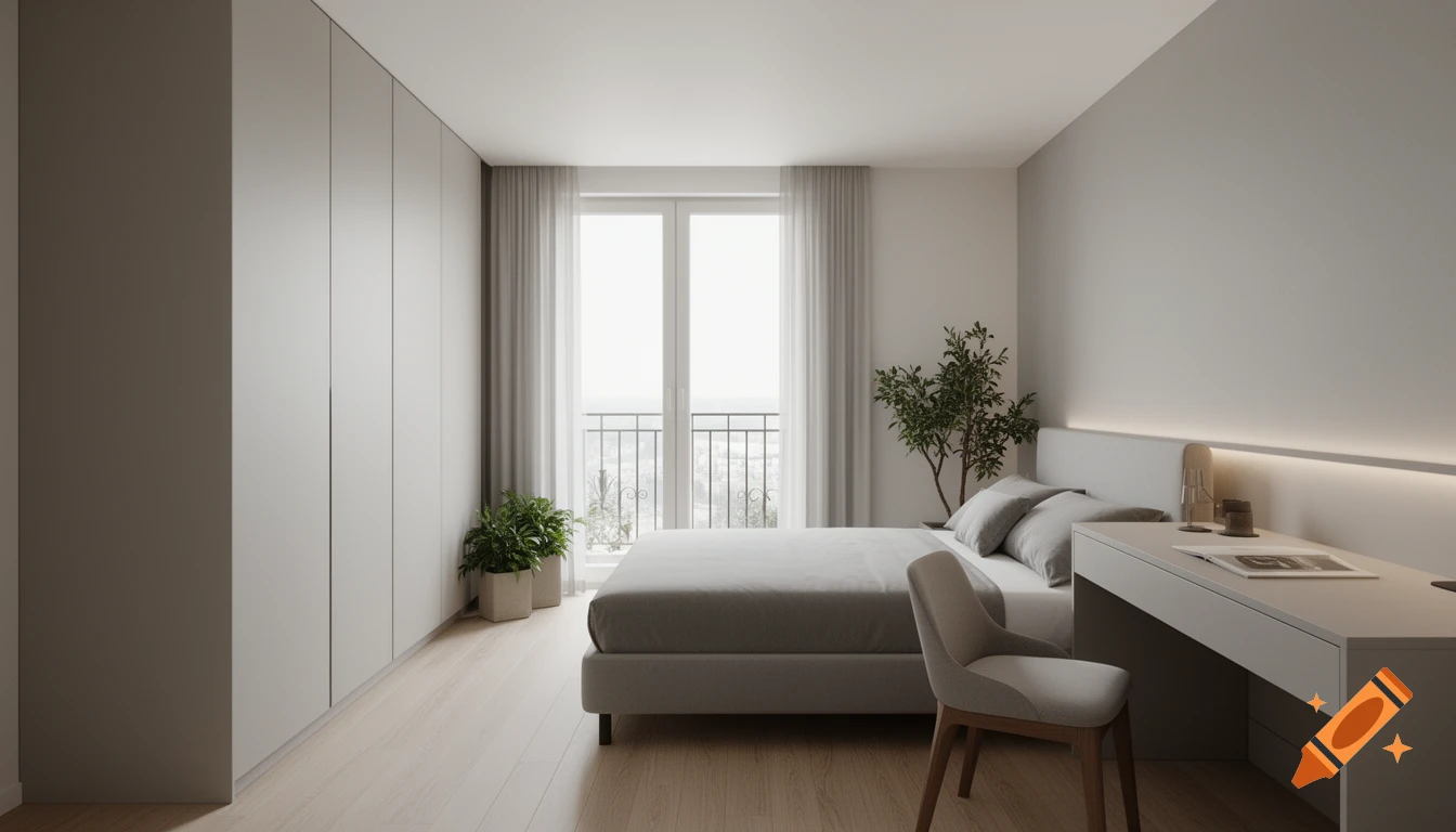 A modern minimalist bedroom featuring a bed, a desk, a large window with a French balcony, and light-colored furniture.