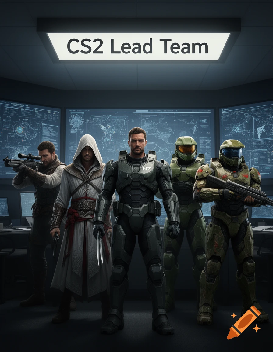 Five video game characters, including Commander Shepard, Ezio, and Master Chief, stand in a high-tech command center under a 'CS2 Lead Team' sign.