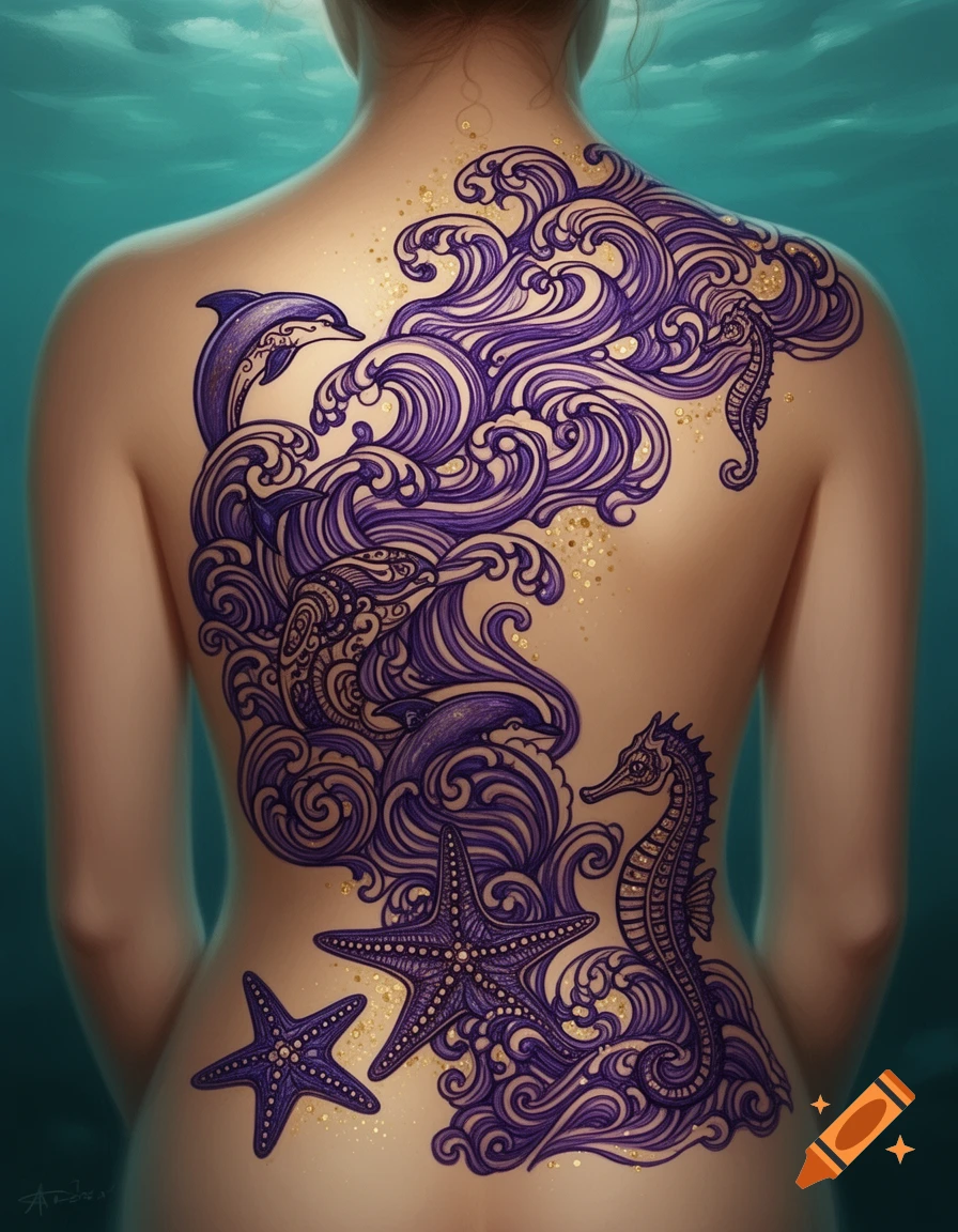The bare back of a person adorned with an intricate purple henna tattoo featuring waves, dolphins, seahorses, and starfish, with gold flecks, set against an underwater background.