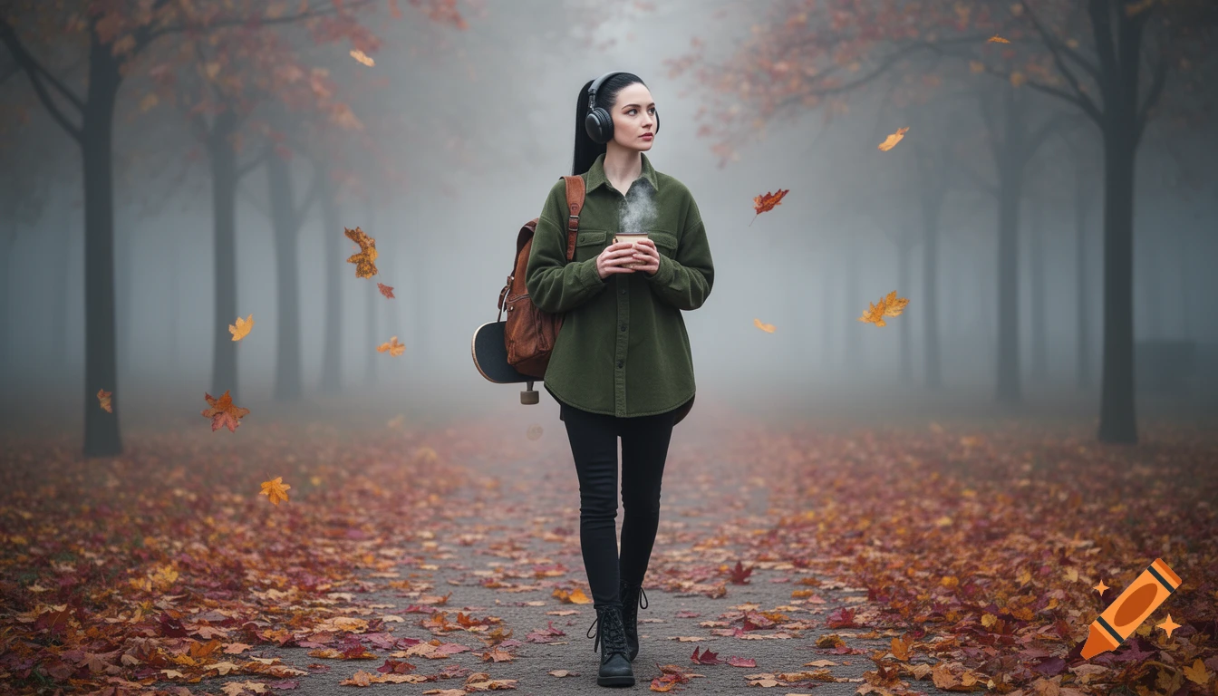 A woman with headphones and a skateboard on her backpack walks on a misty autumn path, holding a steaming coffee mug.