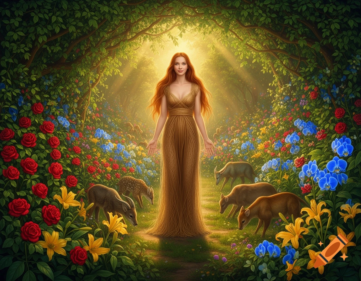 A woman with long red hair in a golden dress stands in a lush, sunlit garden surrounded by fawns and vibrant flowers, reminiscent of Eden.
