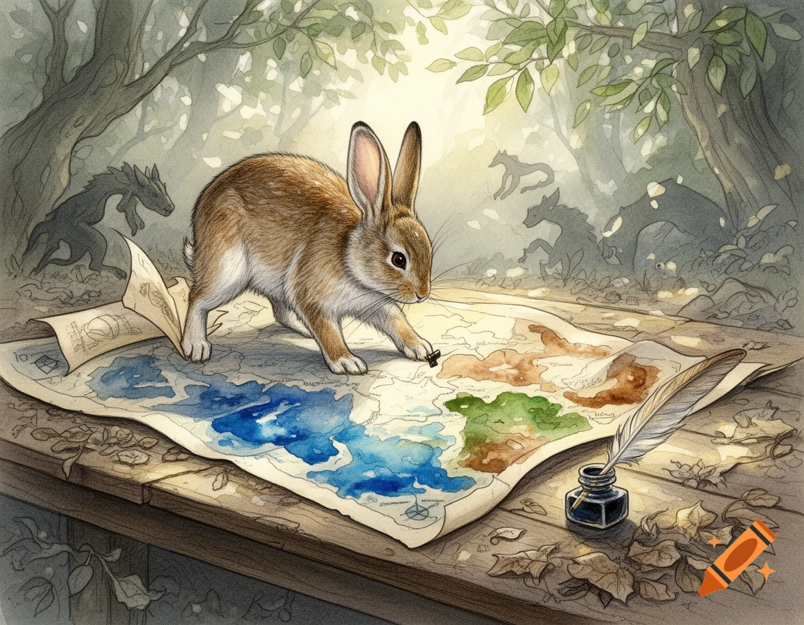 A brown rabbit stands on a vintage watercolor map, with a quill and ink nearby, in a misty forest.