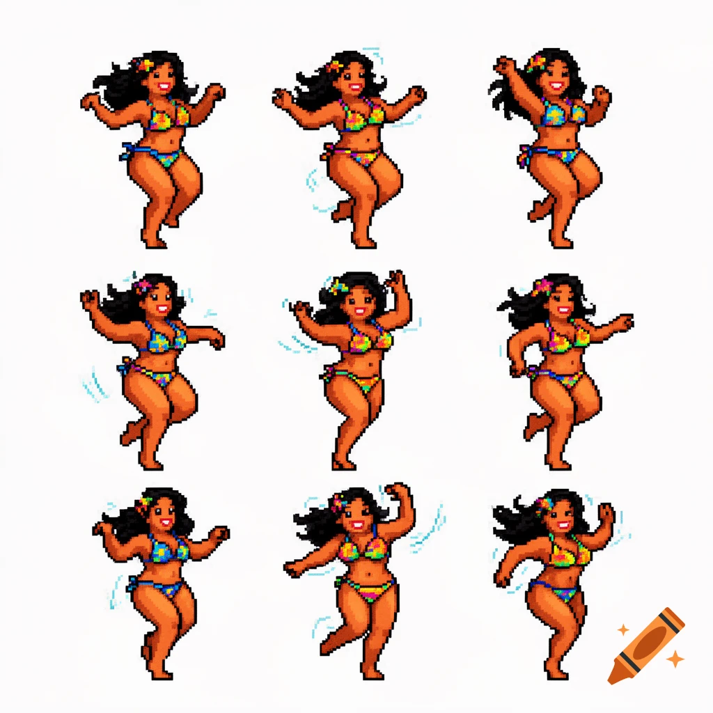 Pixel art sprite sheet featuring nine identical curvaceous women in colorful bikinis, depicted dancing.