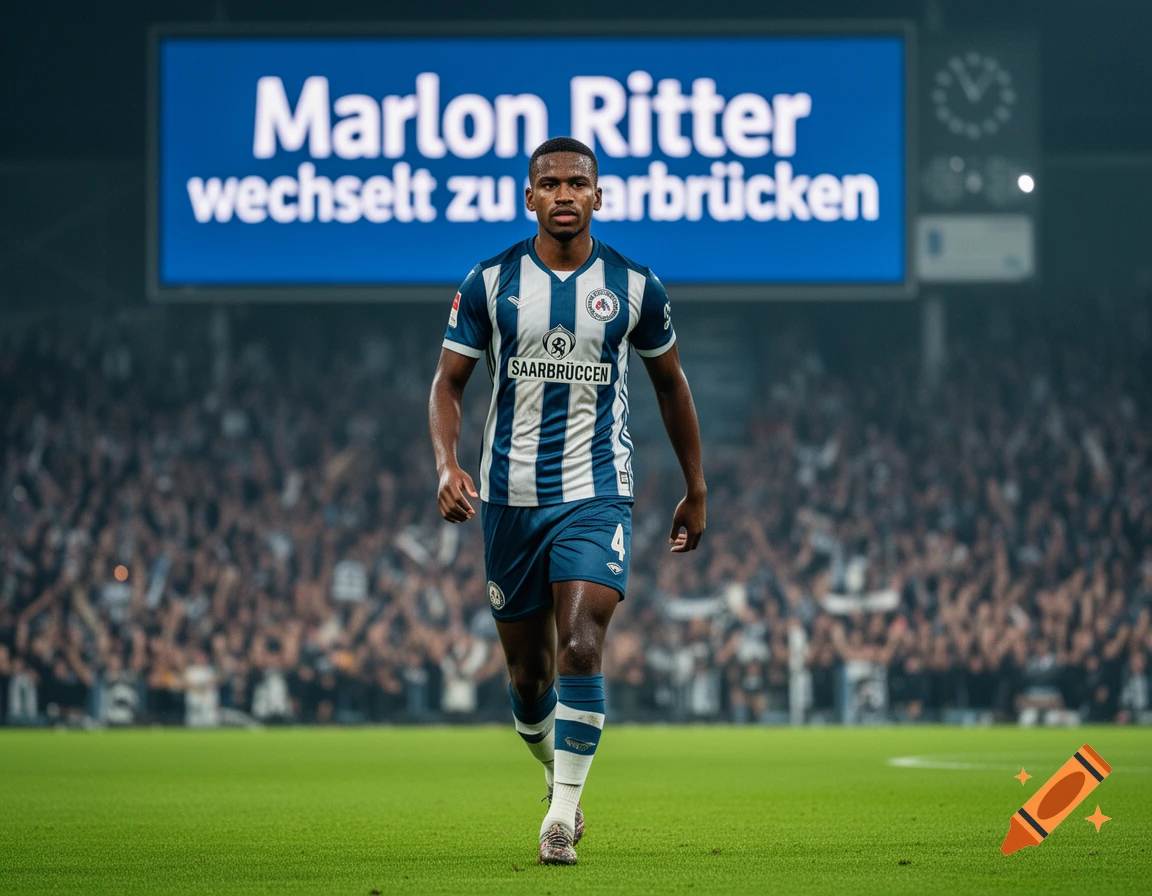 A dark-skinned male soccer player in a blue and white striped jersey and blue shorts walks on a green field in a stadium at night. A large blue scoreboard in the background displays "Marlon Ritter wechselt zu Saarbrücken".