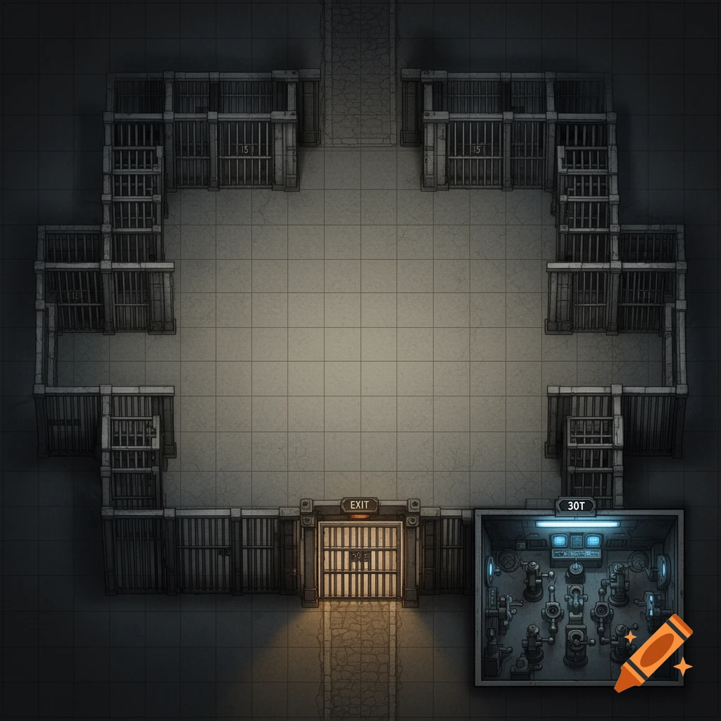 A top-down D&D map of a dungeon with a central open area surrounded by jail cells, an 'EXIT' gate, and a control room overlay.