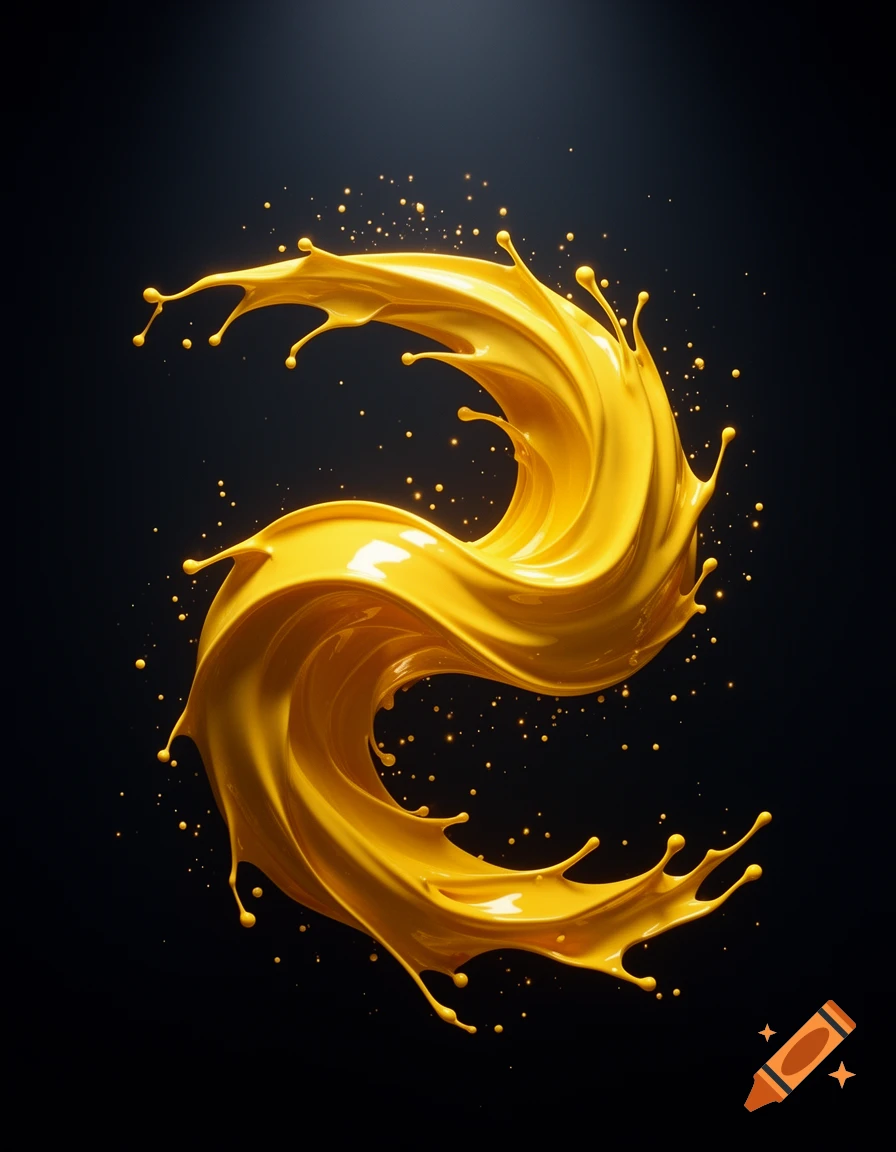 A dynamic, glossy yellow paint swirl with droplets splashing against a dark, dramatic background.
