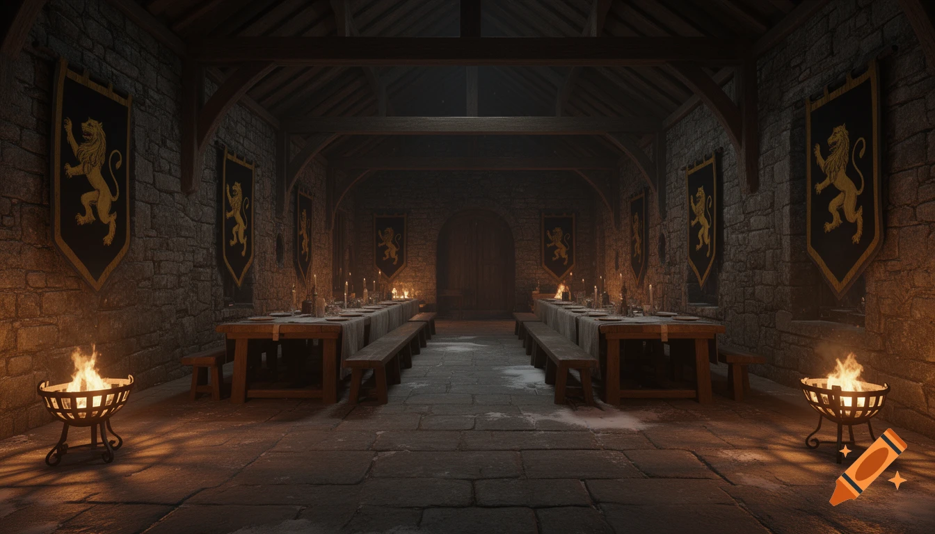 A dimly lit medieval great hall with long wooden tables and benches, stone walls adorned with black banners featuring gold lions, and two burning braziers.