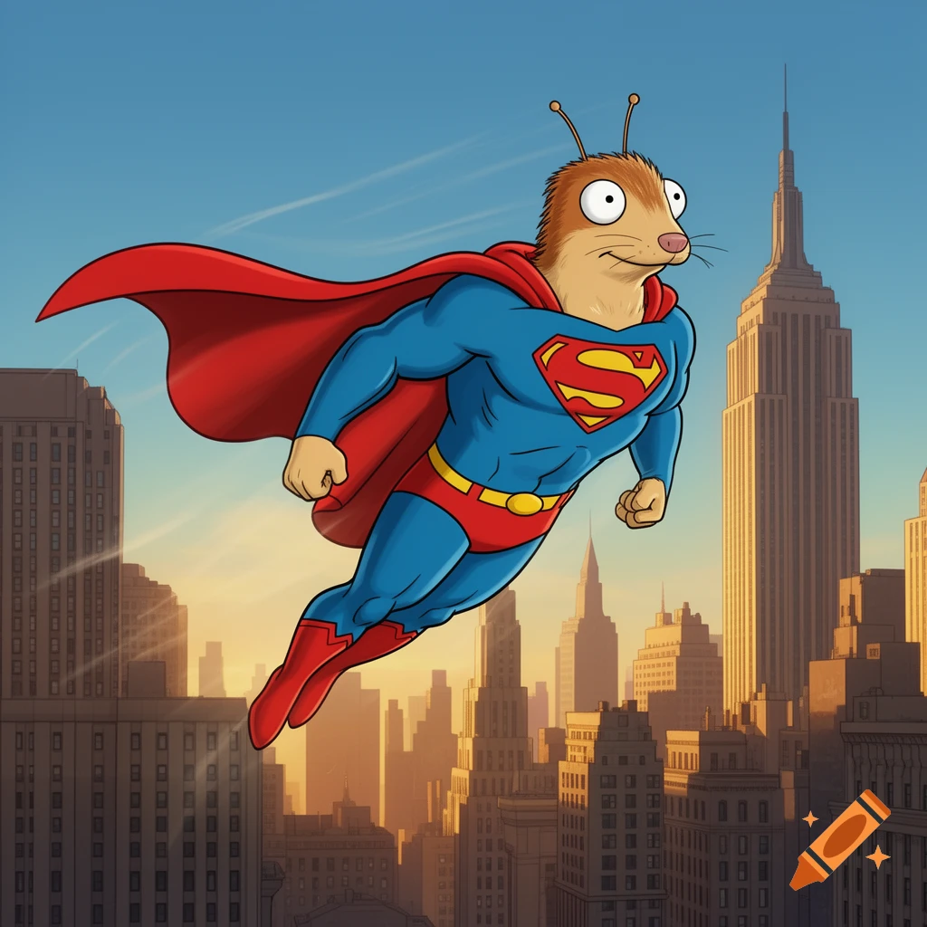 Cartoon Nibbler from Futurama as Superman, flying over a city skyline at sunset.