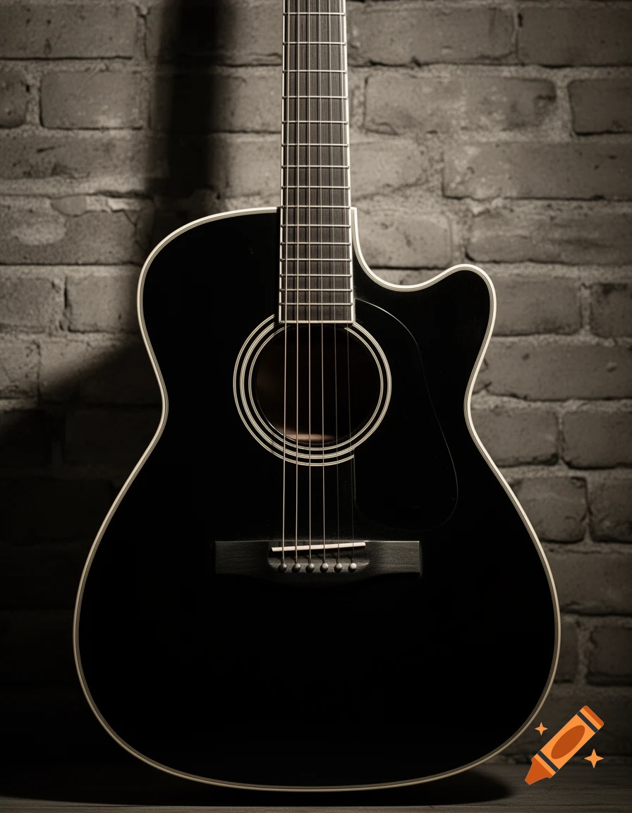 A black acoustic guitar with a white trim leans against a textured brick wall in a photorealistic style.