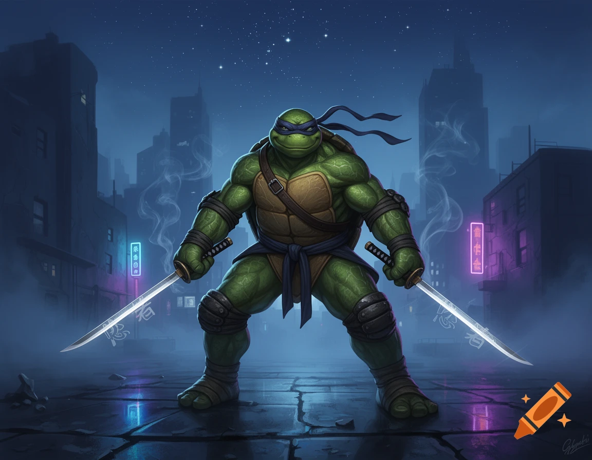 A muscular, purple-masked ninja turtle stands with two katanas in a misty, neon-lit city street at night, digital art.