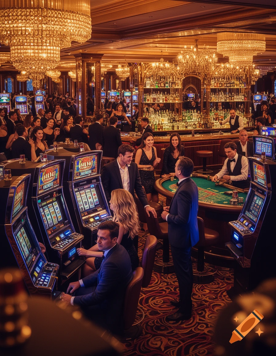 A bustling, ornate casino with numerous people in formal wear playing slot machines and table games, under elaborate chandeliers.