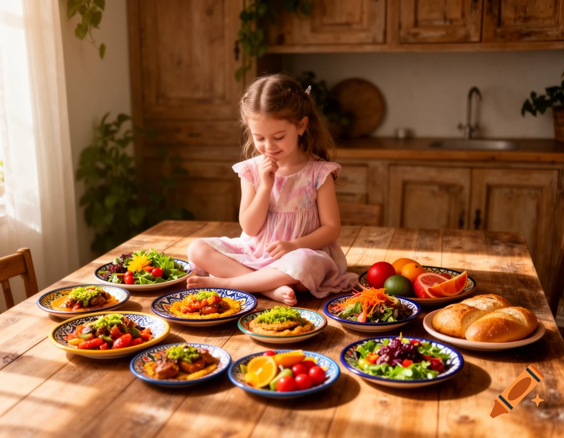 A young girl sits cross-legged on a wooden table, smiling down at many plates of food, fruit, and bread in a rustic kitchen.