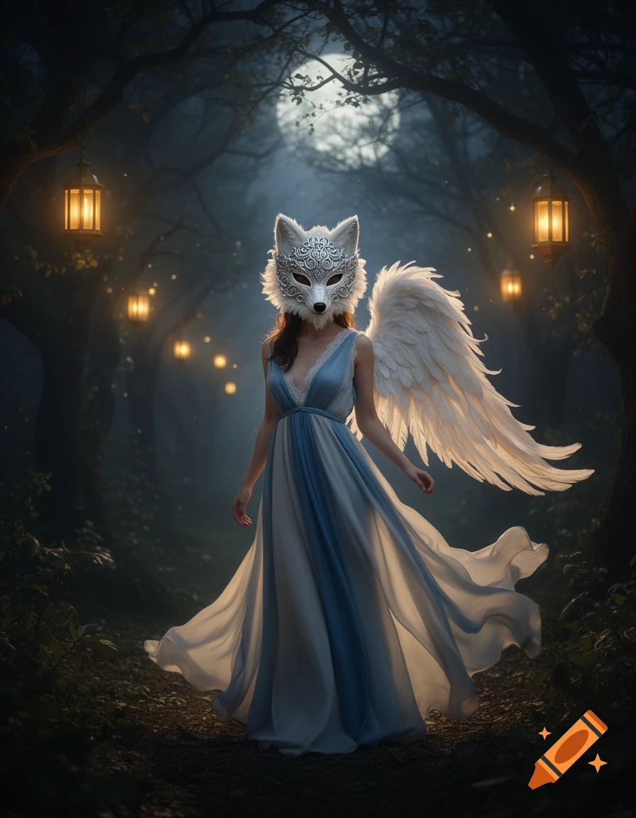 A person in a flowing blue and white gown, wearing an ornate white wolf mask and large white feathered wings, stands in a dark, mystical forest at night with glowing lanterns and a full moon.