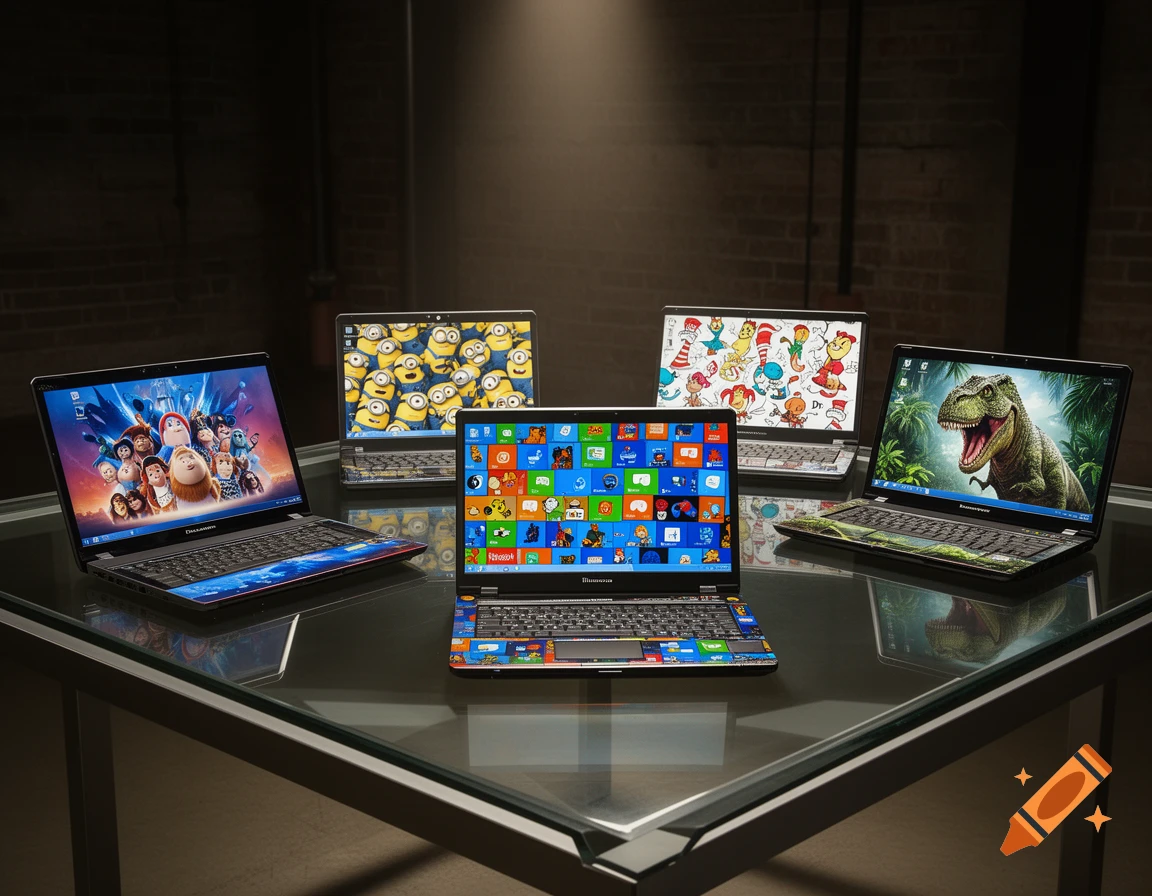 Five laptops display different themed screens, including Minions, Dr. Seuss, and a T-Rex, arranged on a glass table.