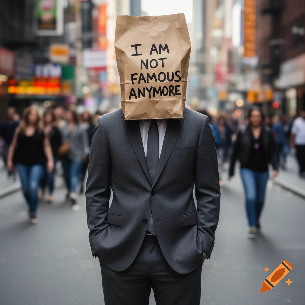 Photorealistic image of a man in a suit with a paper bag over his head that reads 'I am not famous anymore' on a busy city street.