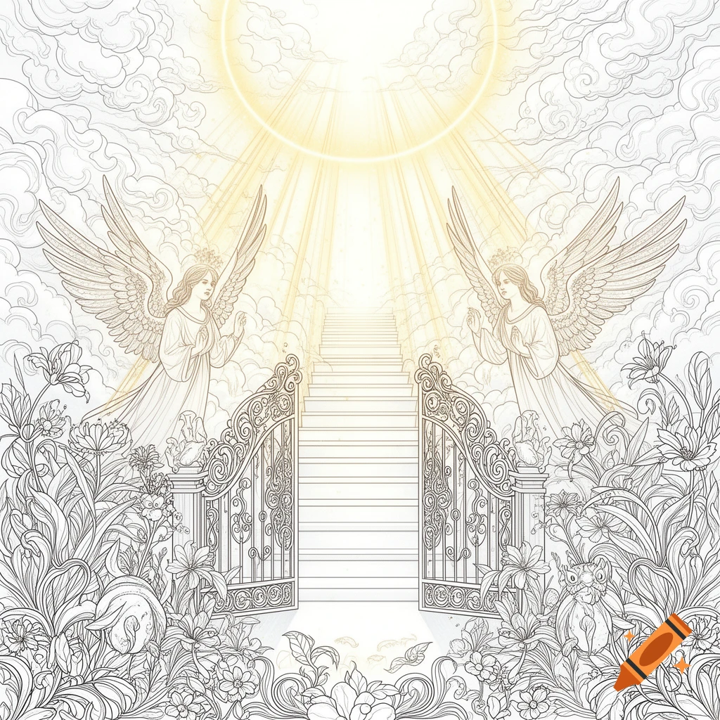 Line art coloring page of two angels beside an open ornate gate and a stairway leading to a bright light in heaven, surrounded by flowers.