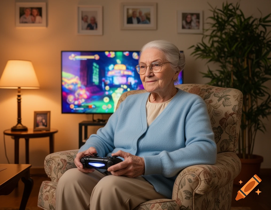 An elderly woman with glasses, wearing a light blue cardigan, sits in an armchair, smiling while playing a video game on a console in her living room.