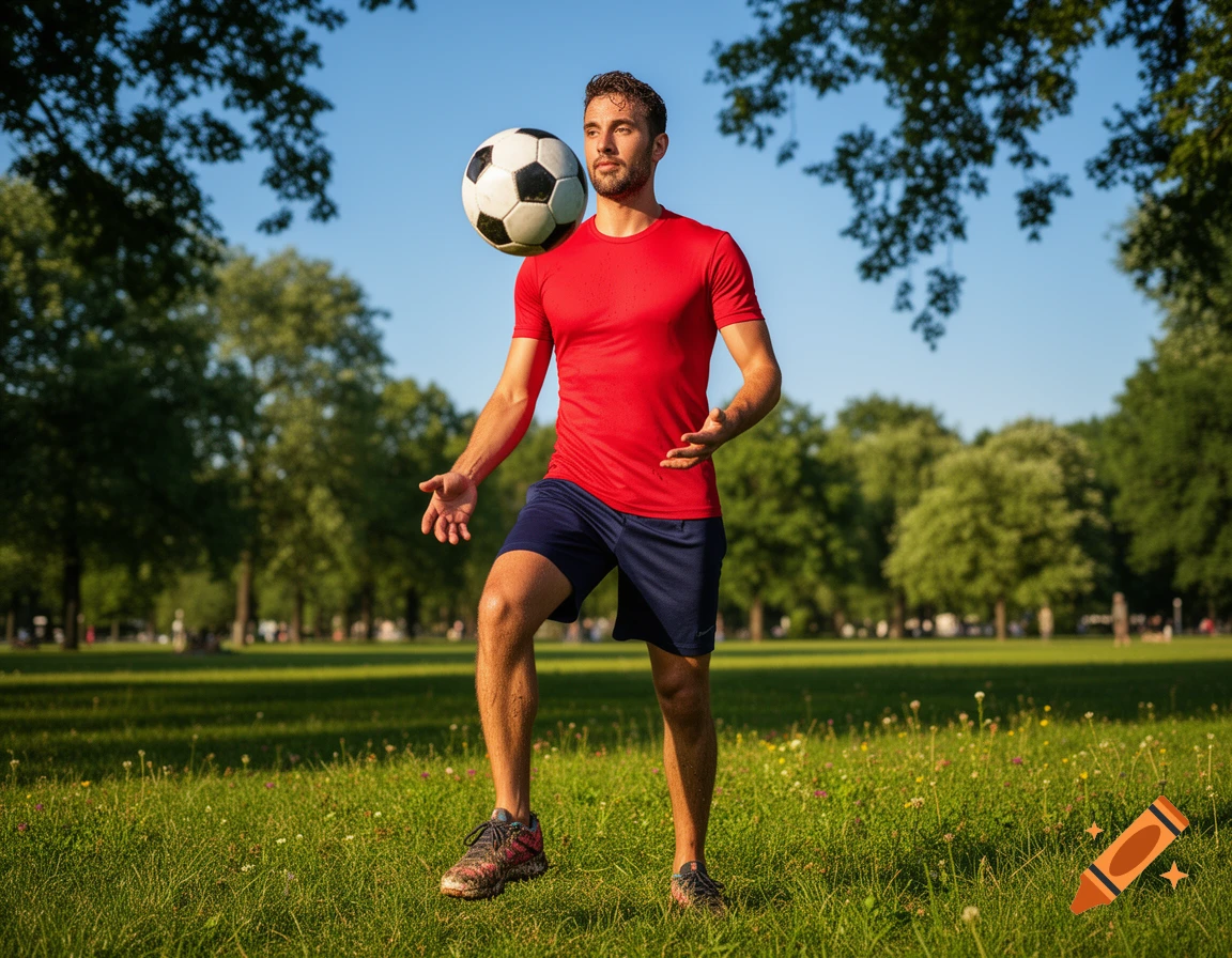 A man in a red shirt and blue shorts balances a soccer ball on his head in a sunny park.