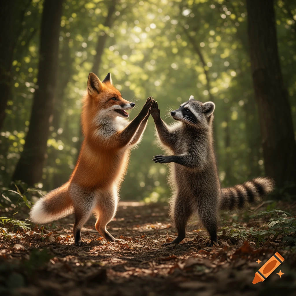 A photorealistic image of a fox and a raccoon standing on their hind legs and high-fiving in a sun-dappled forest.