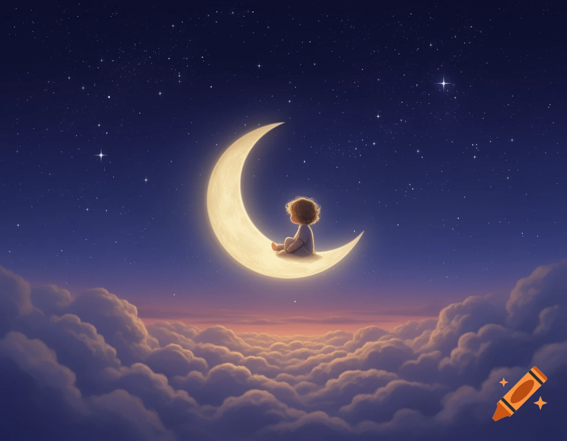 A cute, curly-haired child sits peacefully on a glowing crescent moon above a sea of soft clouds under a starry night sky, in an artistic style.