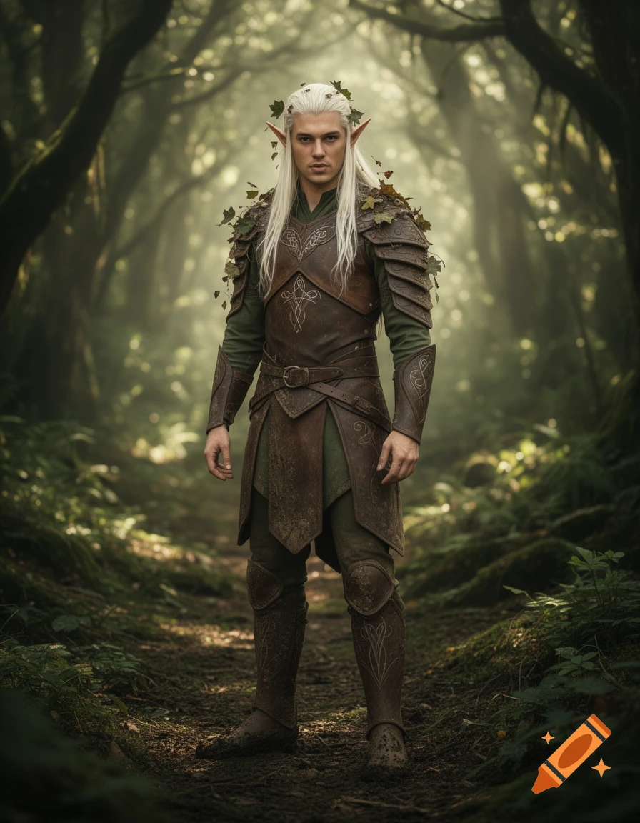Photorealistic male elf with long white hair and pointed ears, wearing leather armor adorned with leaves, standing in a misty forest.