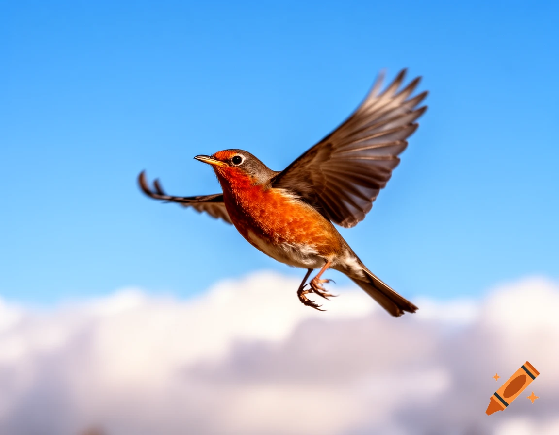 A robin with a red breast and brown wings flies against a bright blue sky with soft white clouds.