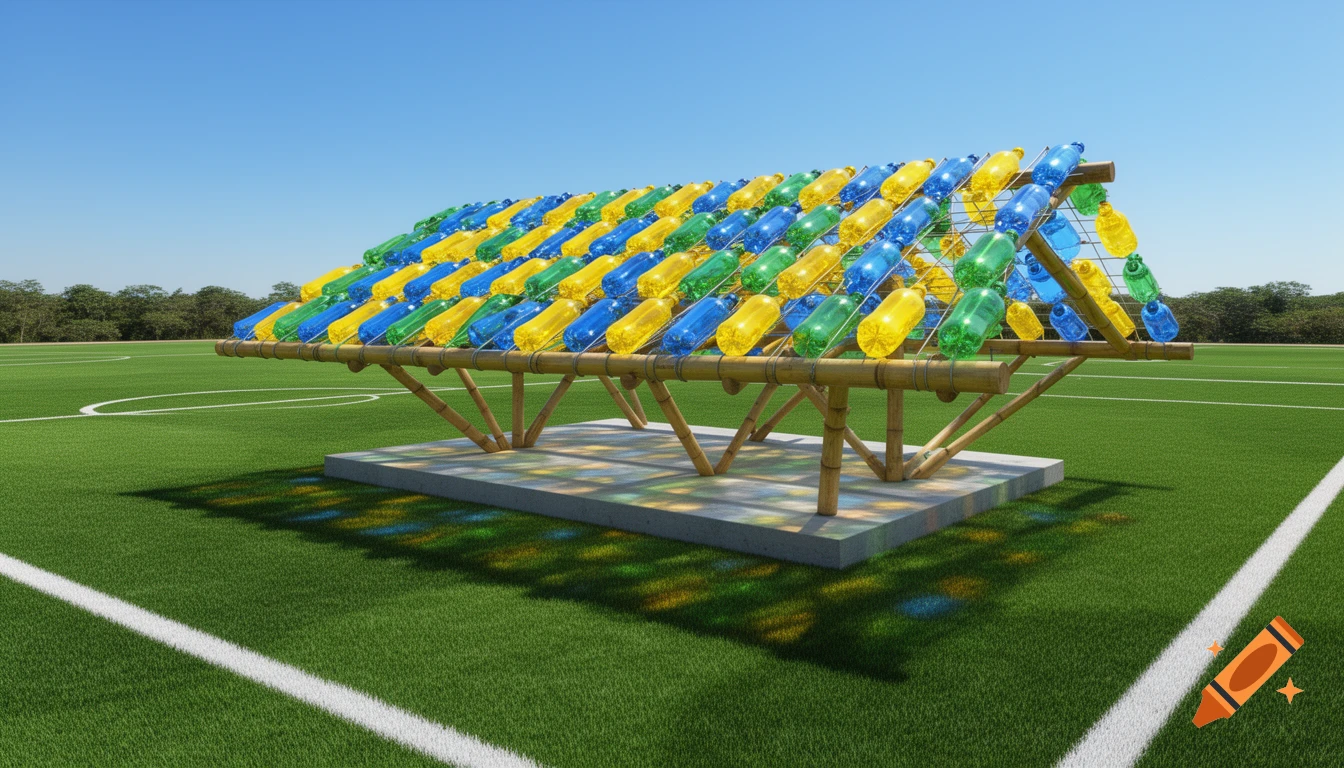 An ecological roof structure made of colorful recycled plastic bottles on bamboo supports, casting shadows on a green sports field.