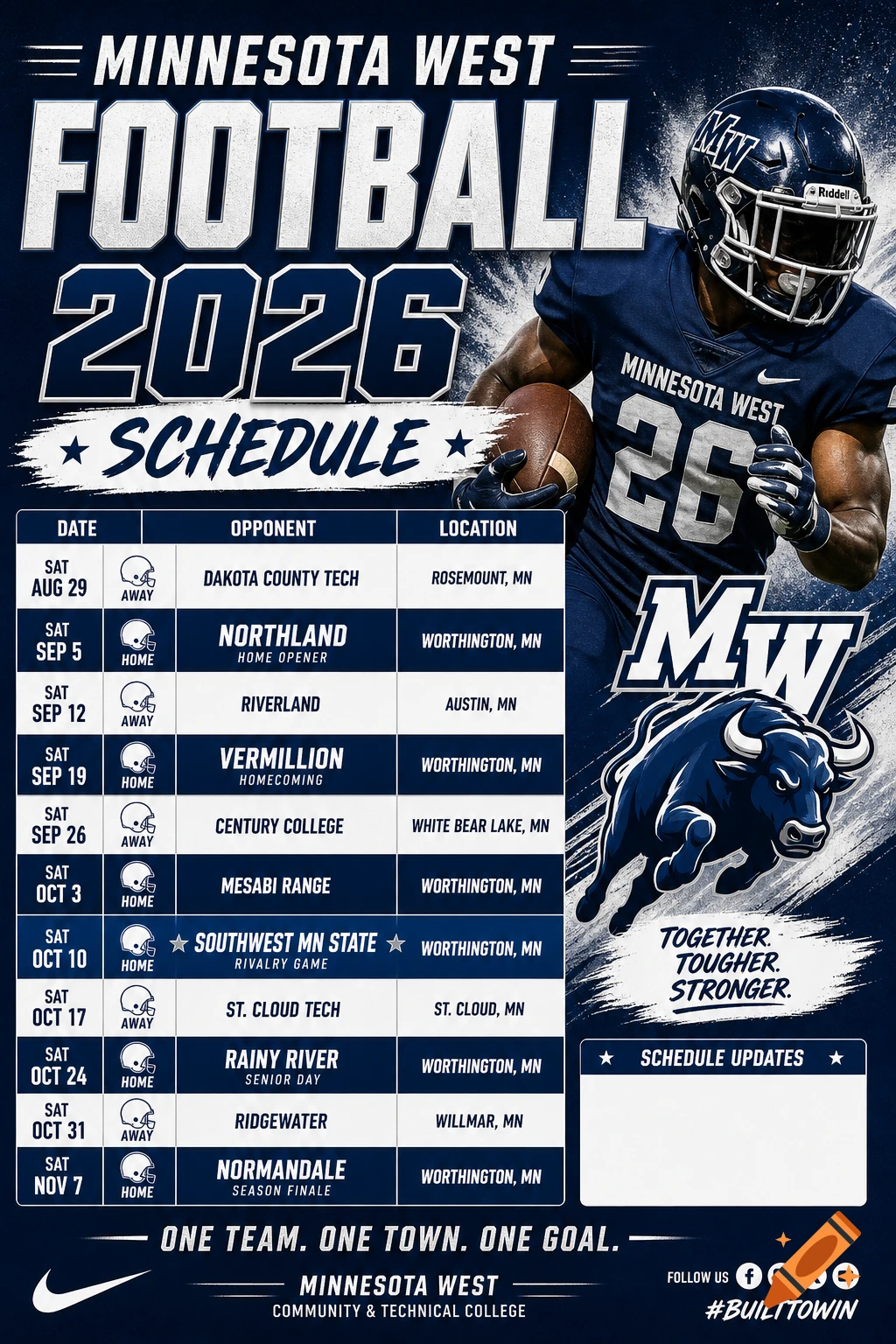 Minnesota West Football 2026 schedule poster featuring a football player, a bull mascot, and a detailed game schedule.