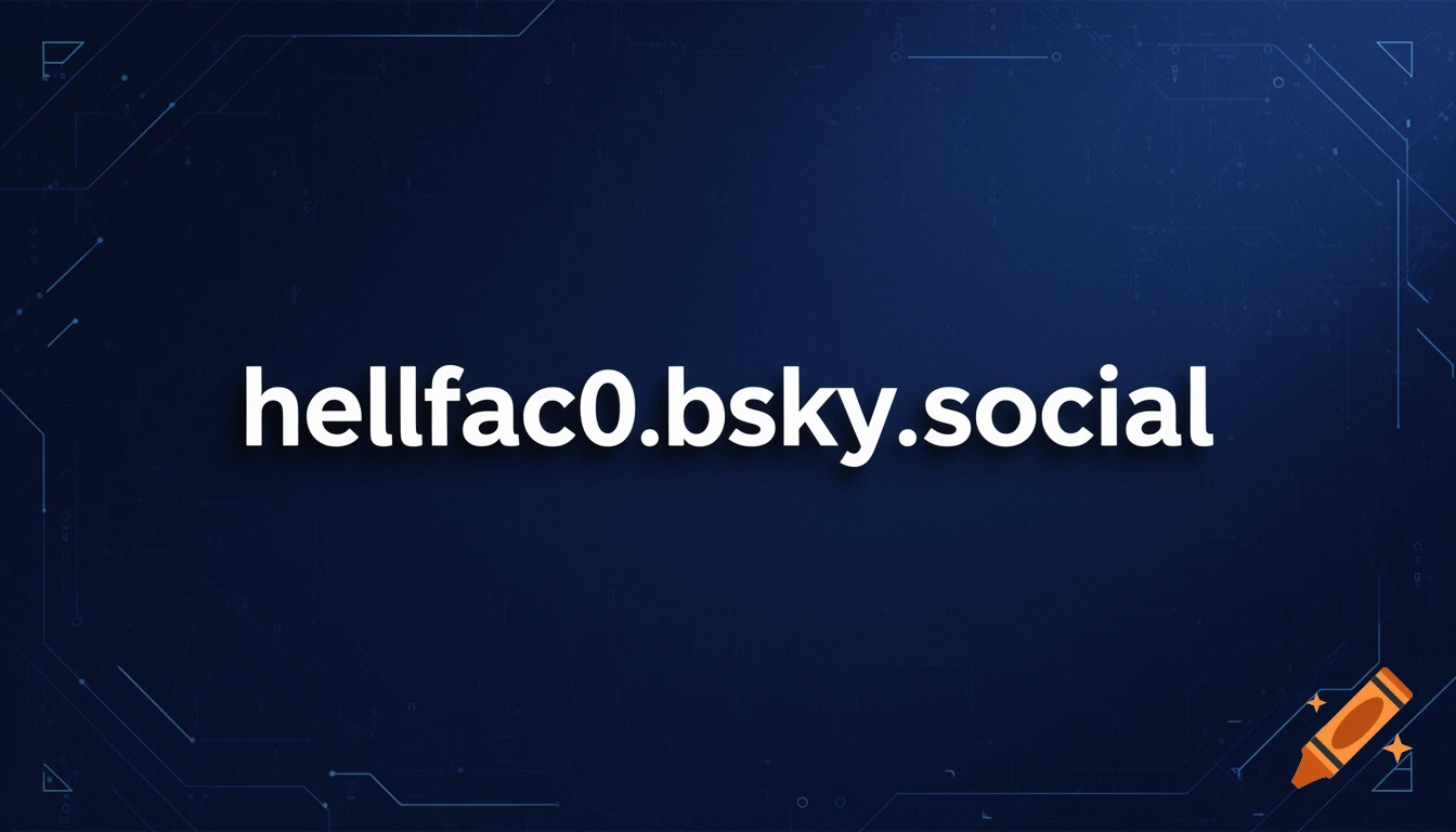 White text 'hellfac0.bsky.social' on a dark blue background with subtle circuit board patterns.