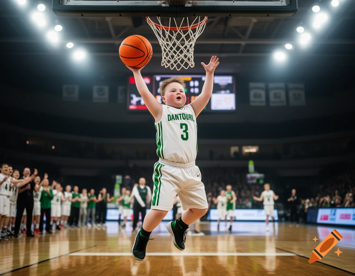 A young boy in a white and green basketball uniform jumps to dunk a basketball in a brightly lit arena.