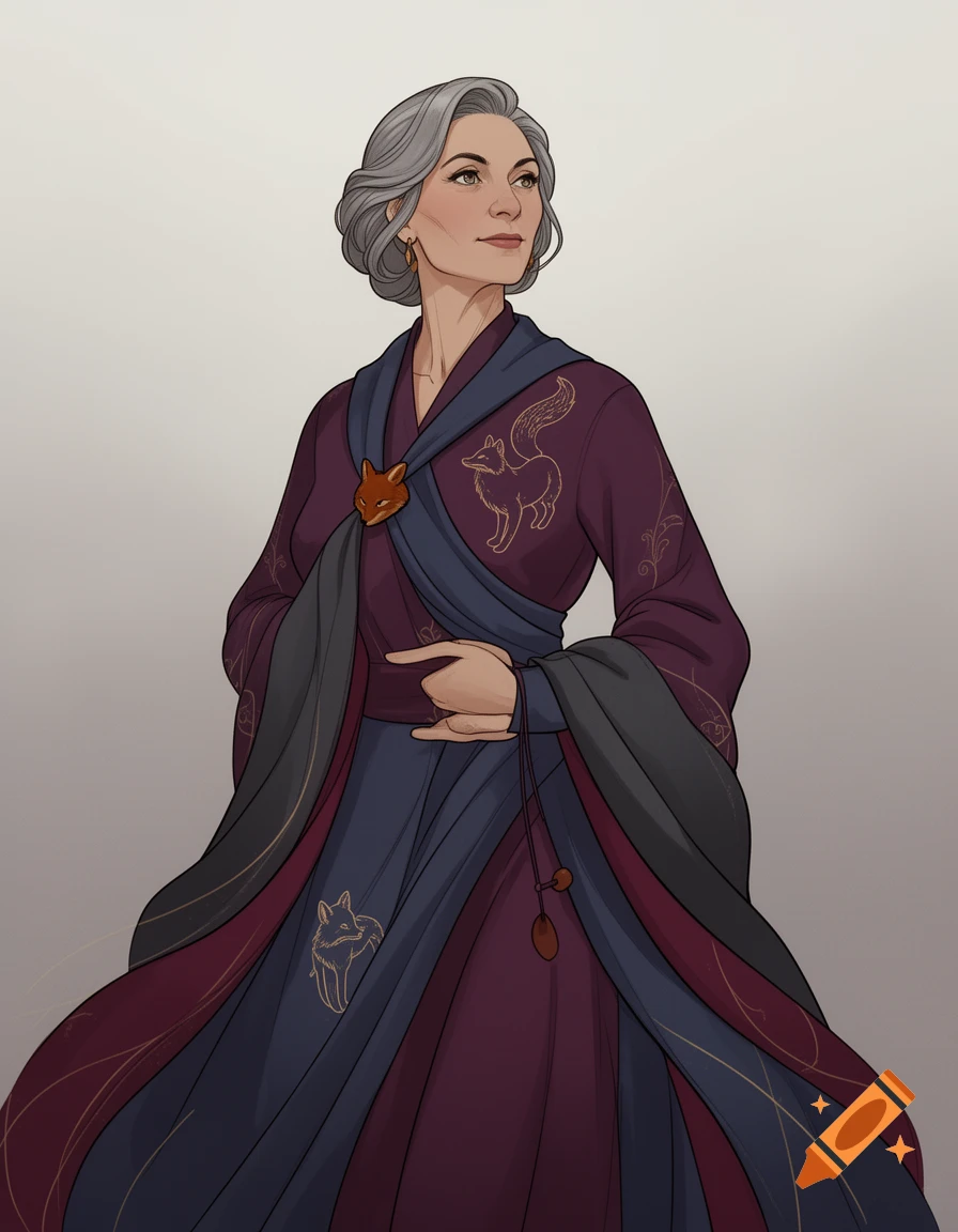 Stylized illustration of a grey-haired woman in flowing plum and blue robes with gold fox motifs and a fox clasp, looking contemplatively.