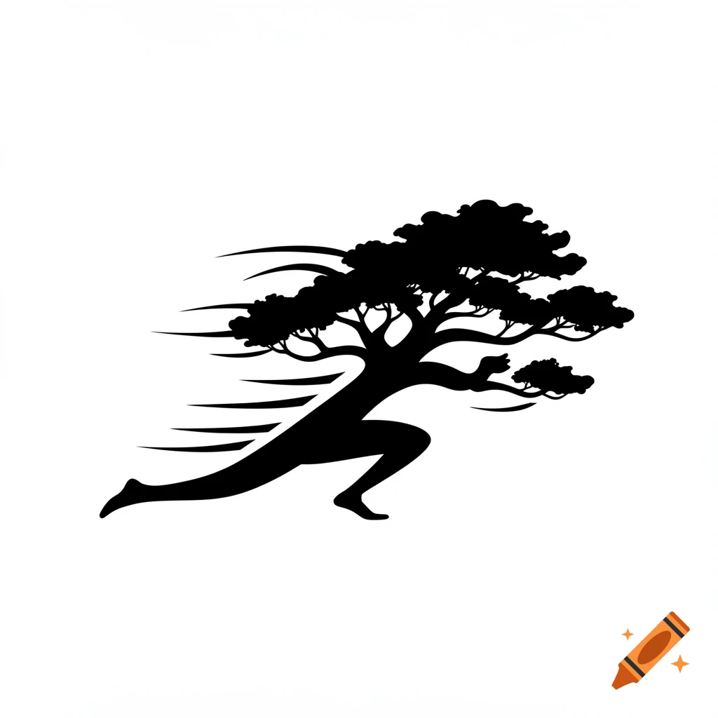 A simple, solid black graphic silhouette of a tree with legs and arms running, with speed lines behind it.