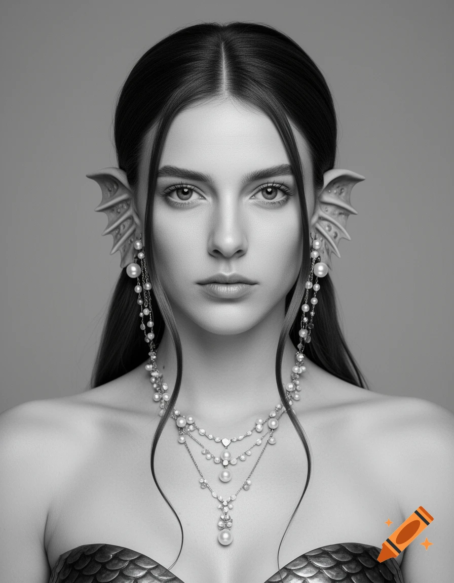 Black and white photorealistic portrait of a woman with fish-like ears and long dark hair, adorned with intricate pearl jewelry.