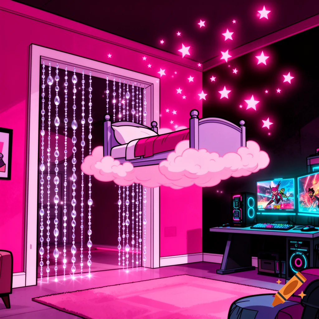A vibrant 2D cartoon bedroom in Teen Titans Go style with a floating bed on pink clouds, crystal bead curtain, and glowing gaming setup.