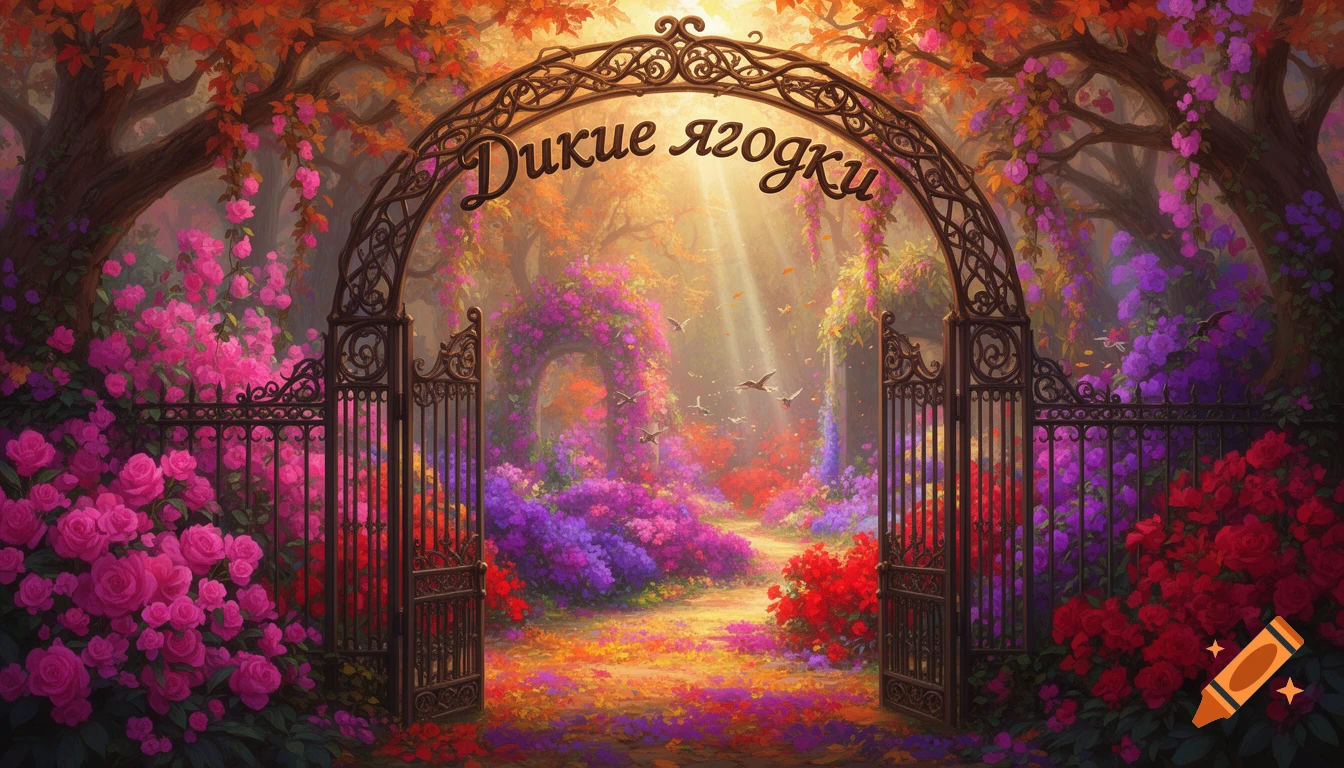 Vibrant fantasy garden with an ornate archway gate displaying 'Дикие ягодки', lush with pink, purple, and red flowers and sunbeams.