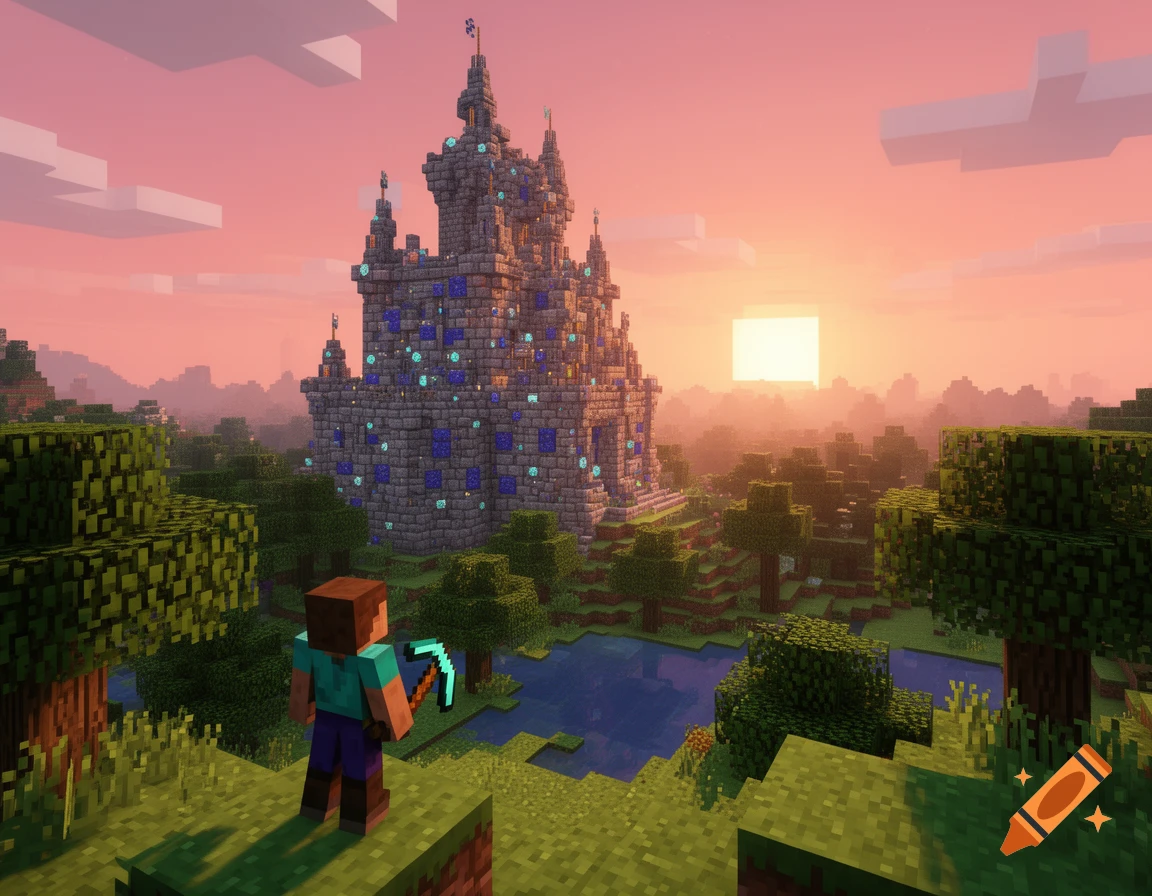 Minecraft character Steve watches a large block castle with glowing blue accents at sunset, surrounded by trees and a river.