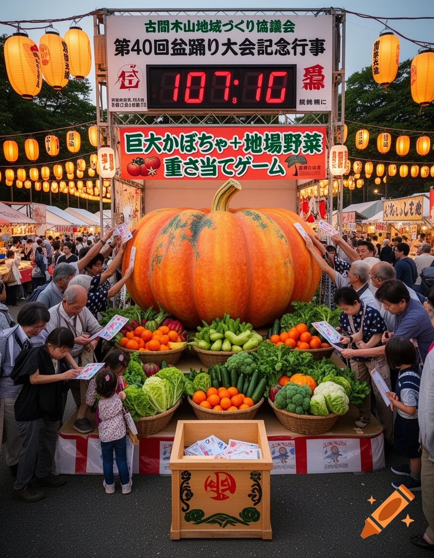 A large pumpkin and baskets of fresh vegetables displayed at a Japanese festival, with people gathered around, some holding papers for a weight-guessing game under illuminated lanterns.